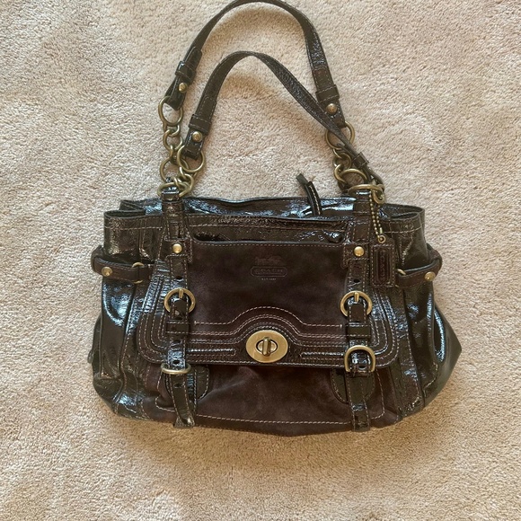 COACH Legacy Garcia Brown Patent Leather and Suede Hobo Bag with Brass Hardware - Picture 1 of 9